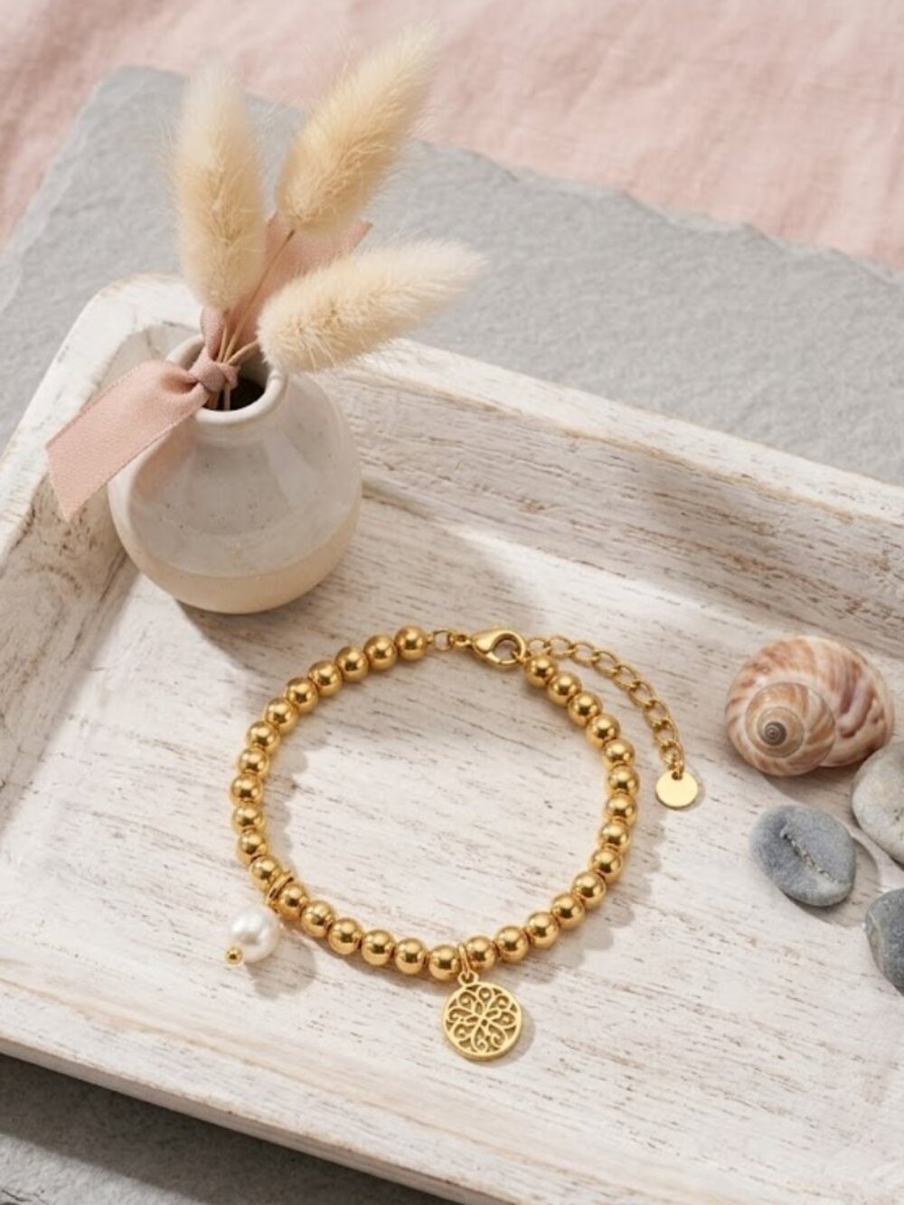 18K Gold Plated Steel Beaded Bracelet Mandala Freshwater Pearl Charm Clean Girl